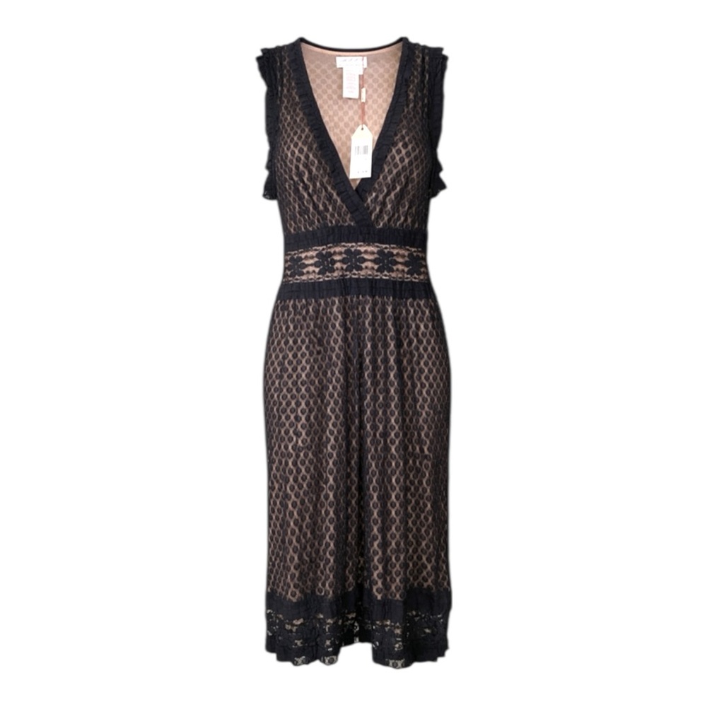 Max Studio Black Beige Lace Midi Dress Romantic Eveningwear Size L NWT